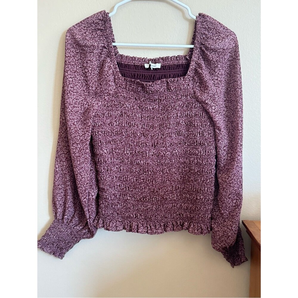 Madewell Lucie Bubble-Sleeve Smocked Top Cottage Garden Floral Burgundy, M